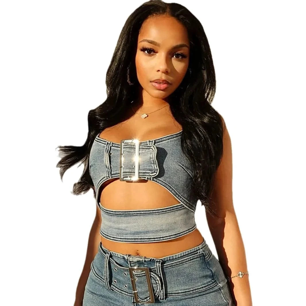 2024 Summer Clothing Denim Two Piece Set Tube Top and Mini Skirt Belted Sexy Two Piece Jean Denim Skirt Set for Women