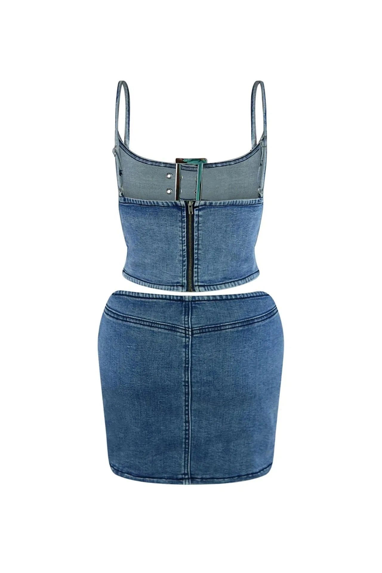 2024 Summer Clothing Denim Two Piece Set Tube Top and Mini Skirt Belted Sexy Two Piece Jean Denim Skirt Set for Women