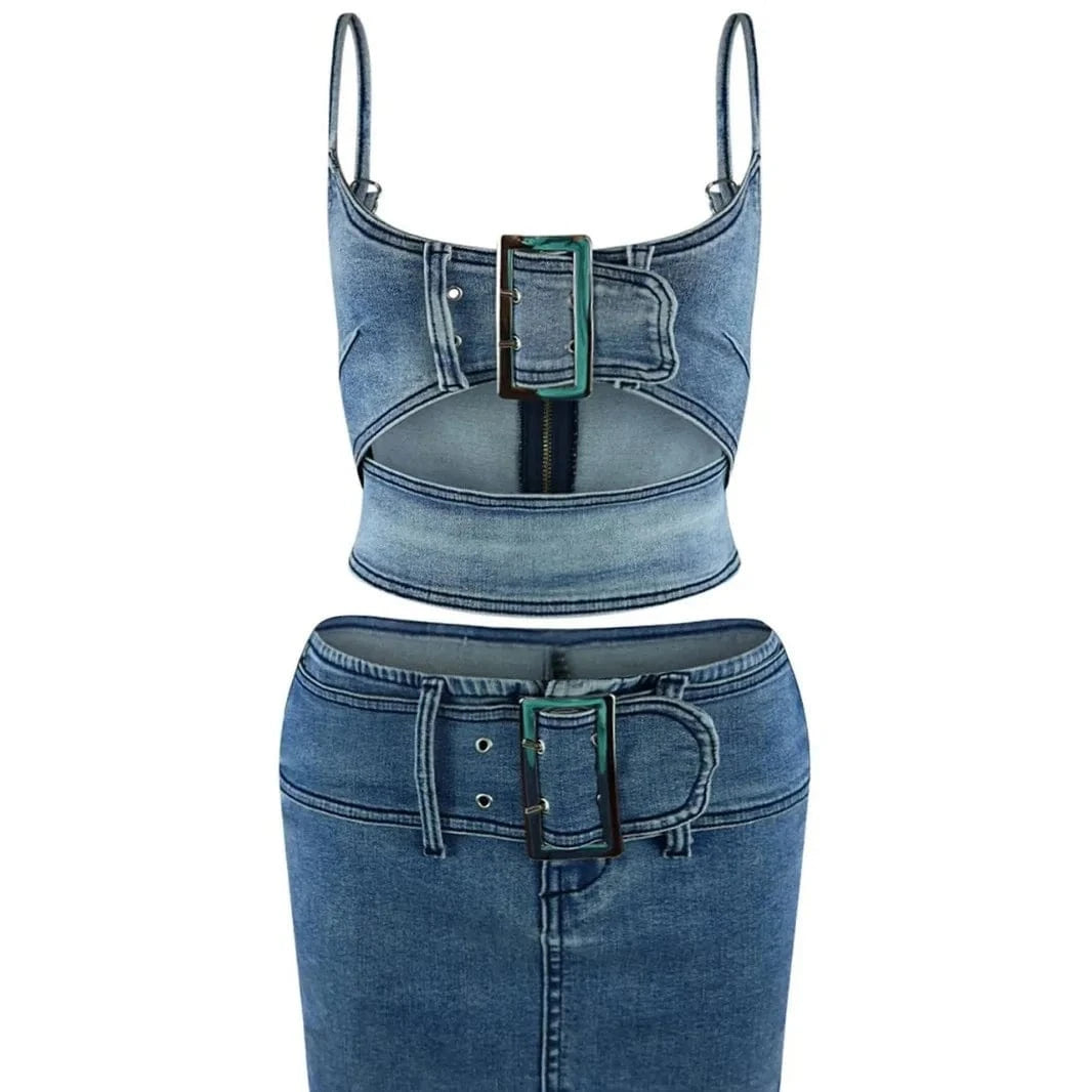 2024 Summer Clothing Denim Two Piece Set Tube Top and Mini Skirt Belted Sexy Two Piece Jean Denim Skirt Set for Women