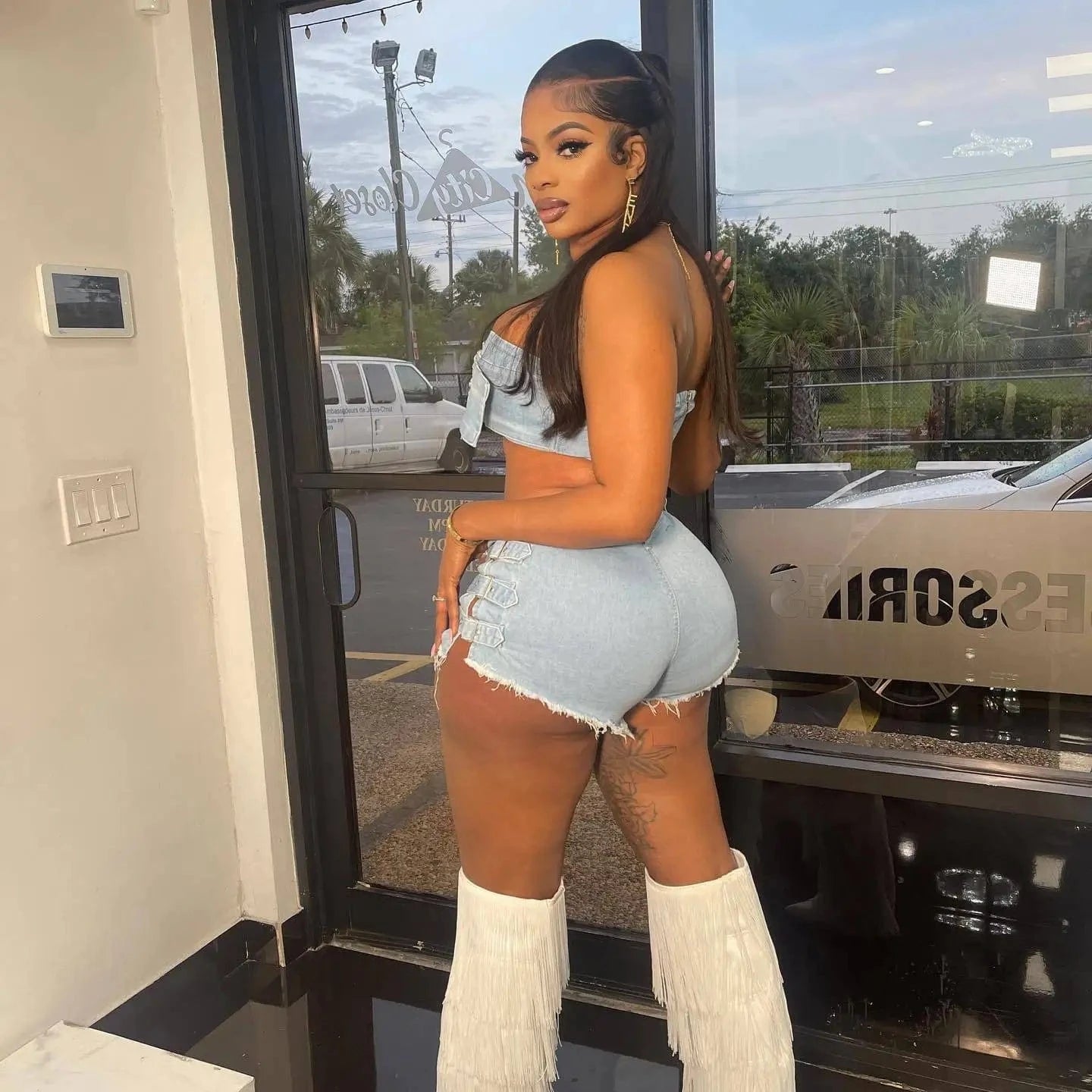 2024 summer clothing new design S-XL denim jeans diamond belt two piece shorts set
