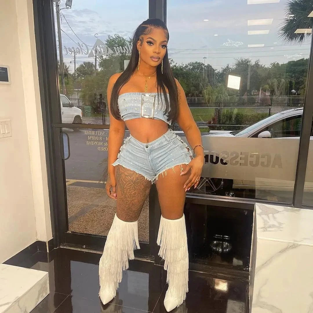 2024 summer clothing new design S-XL denim jeans diamond belt two piece shorts set