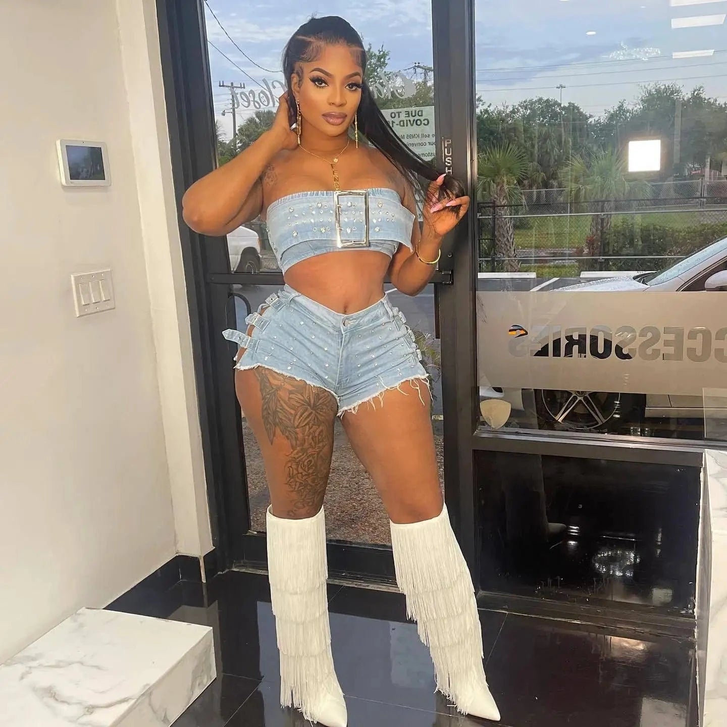2024 summer clothing new design S-XL denim jeans diamond belt two piece shorts set