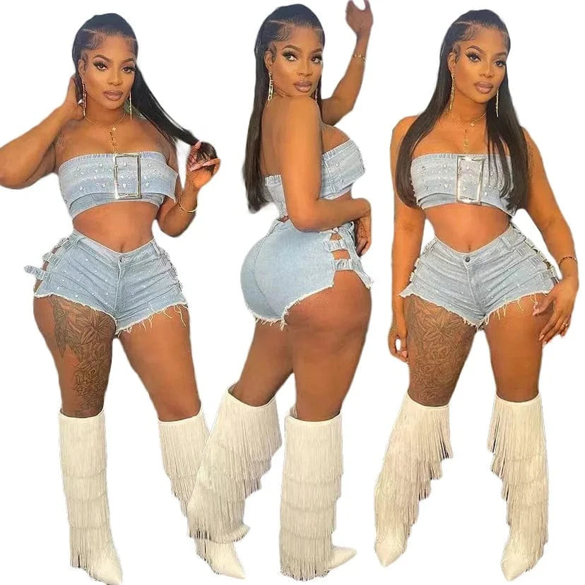 2024 summer clothing new design S-XL denim jeans diamond belt two piece shorts set