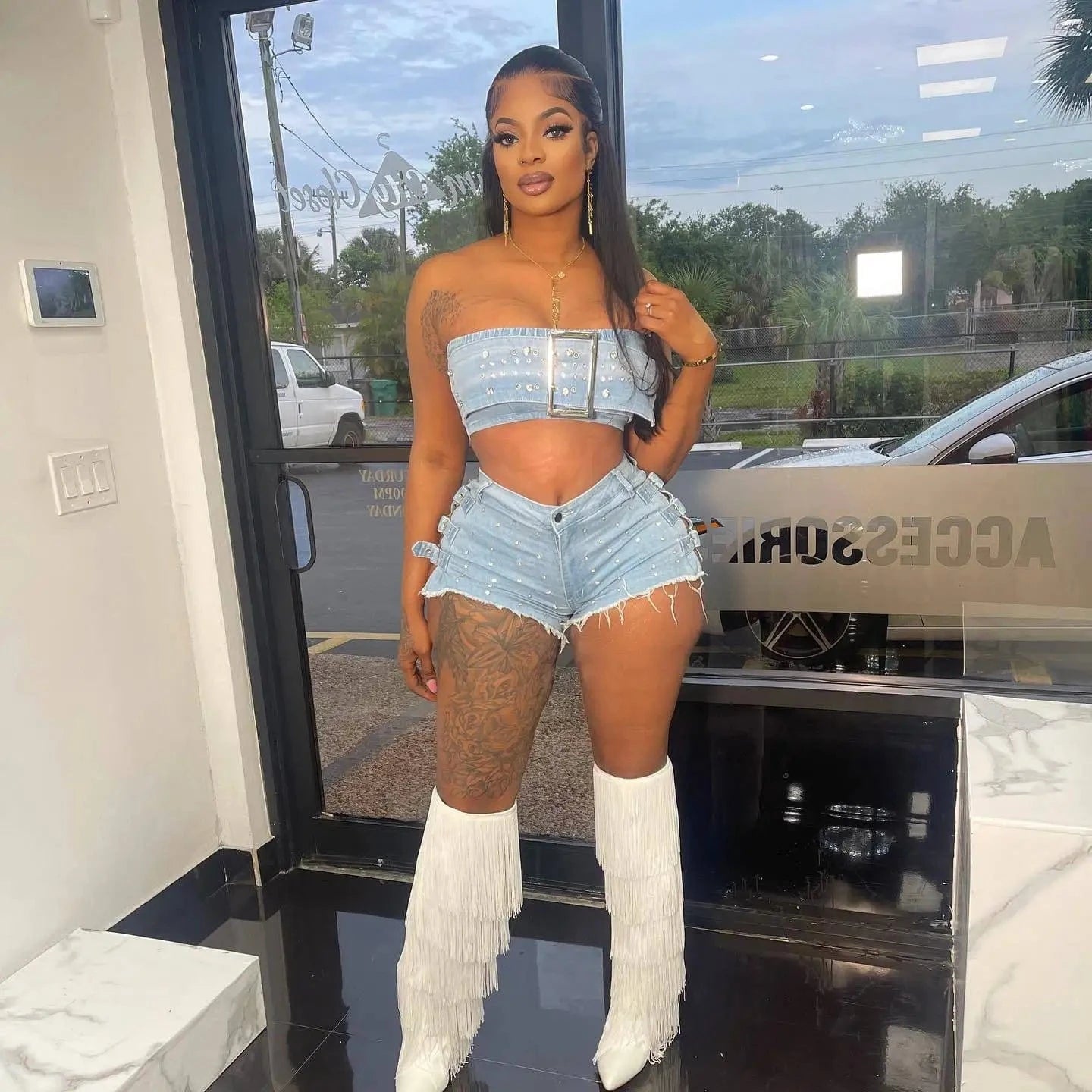 2024 summer clothing new design S-XL denim jeans diamond belt two piece shorts set