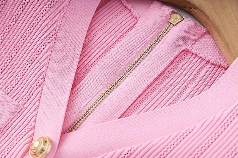 2024 Summer Delicacy Pink Quality Short Sleeve Sexy V-neck Boydcon Stretchy Casual Women Knit Solid Mini Dress