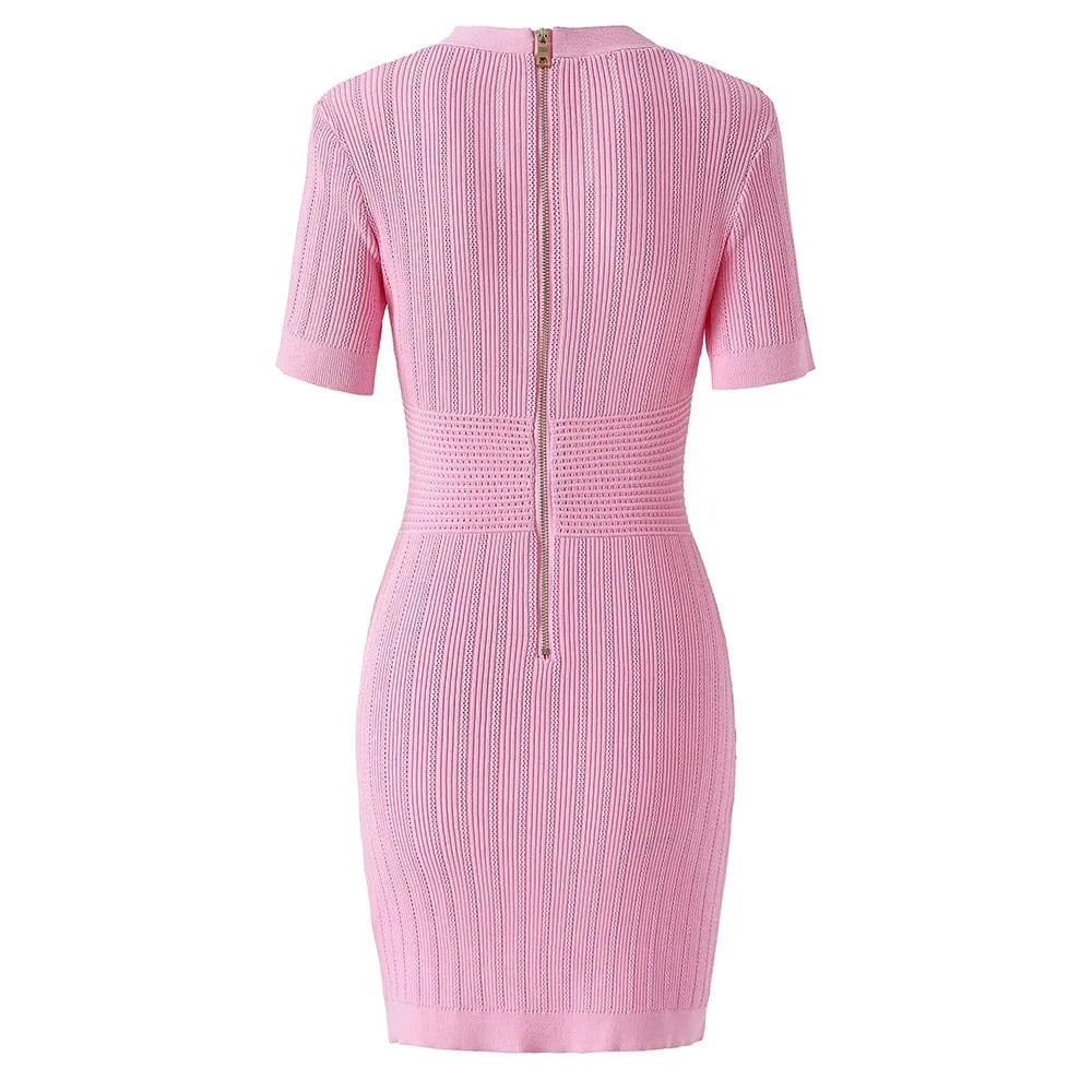 2024 Summer Delicacy Pink Quality Short Sleeve Sexy V-neck Boydcon Stretchy Casual Women Knit Solid Mini Dress