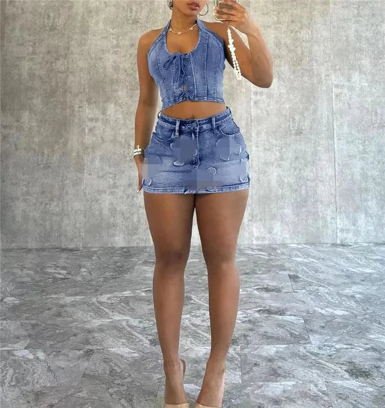 2024 Summer Denim Women's Set Sleeveless Halter Tops and Bodycon Mini Skirts Suit Two 2 Piece Sets