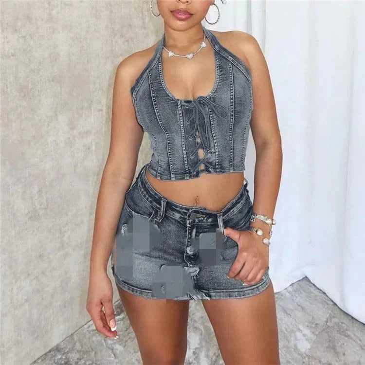 2024 Summer Denim Women's Set Sleeveless Halter Tops and Bodycon Mini Skirts Suit Two 2 Piece Sets