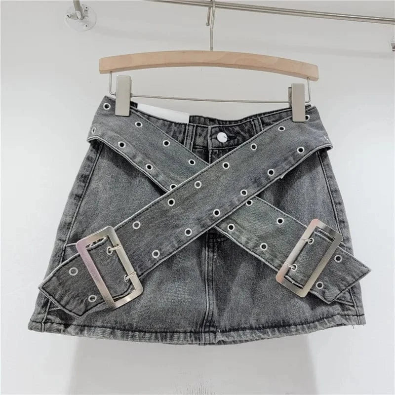 2024 Summer Denim Women's Skirt Cross Wide Waistband A-Line Spicy Girl Short Skirt Women's Bag Hip Skirt