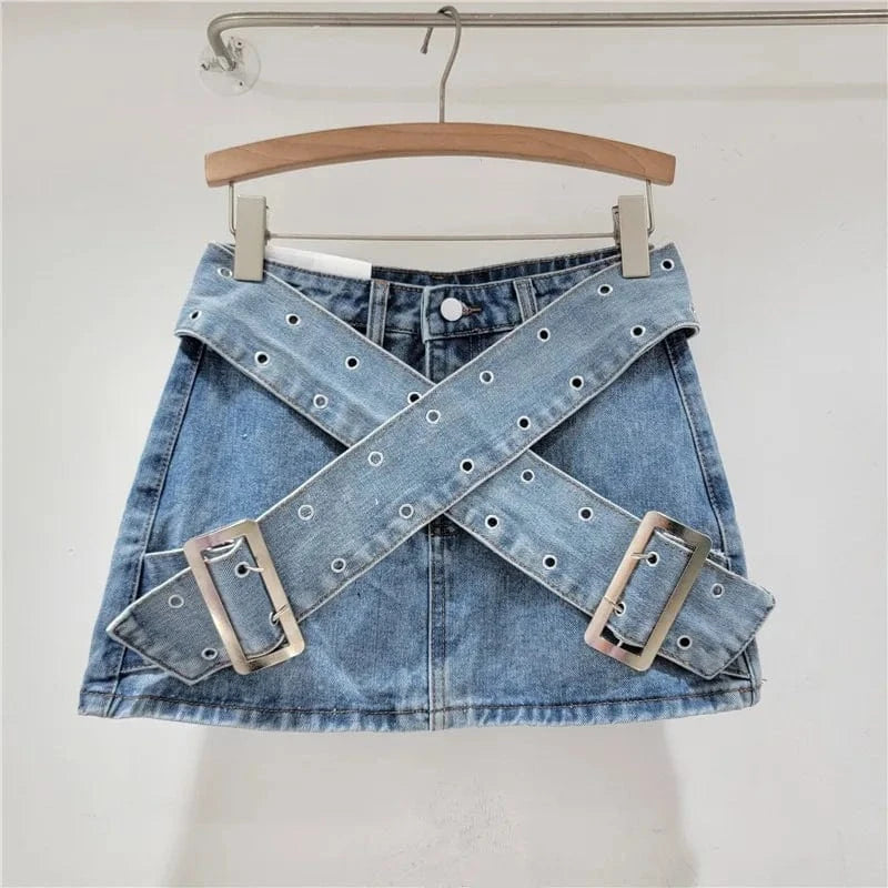 2024 Summer Denim Women's Skirt Cross Wide Waistband A-Line Spicy Girl Short Skirt Women's Bag Hip Skirt