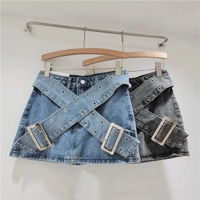 2024 Summer Denim Women's Skirt Cross Wide Waistband A-Line Spicy Girl Short Skirt Women's Bag Hip Skirt