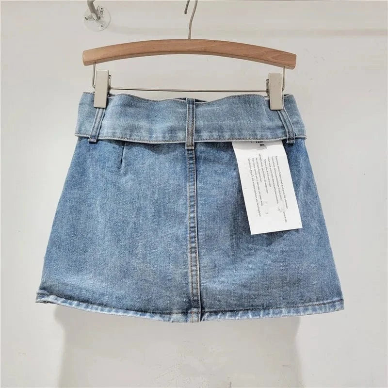 2024 Summer Denim Women's Skirt Cross Wide Waistband A-Line Spicy Girl Short Skirt Women's Bag Hip Skirt