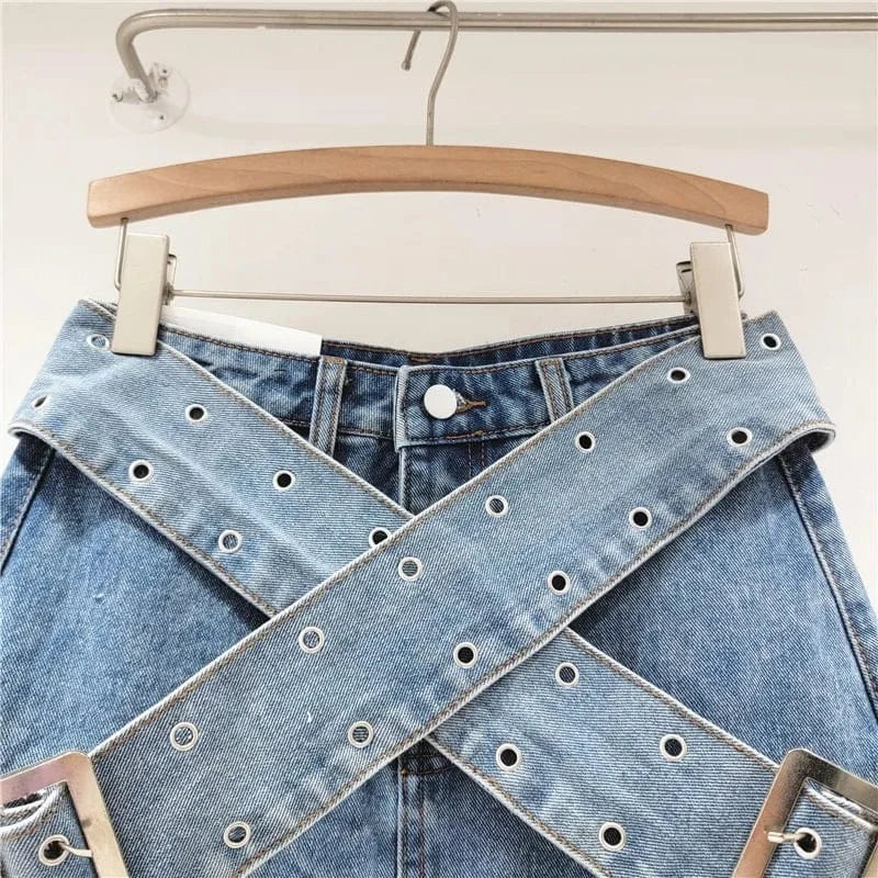 2024 Summer Denim Women's Skirt Cross Wide Waistband A-Line Spicy Girl Short Skirt Women's Bag Hip Skirt