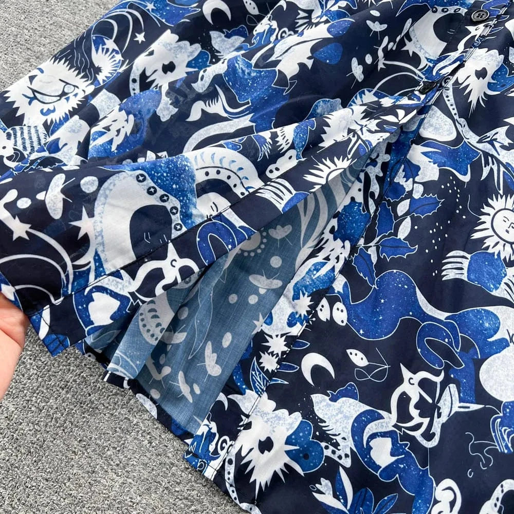 2024 Summer Dress Short Sleeve Belt Waist Vintage Print Women Dress