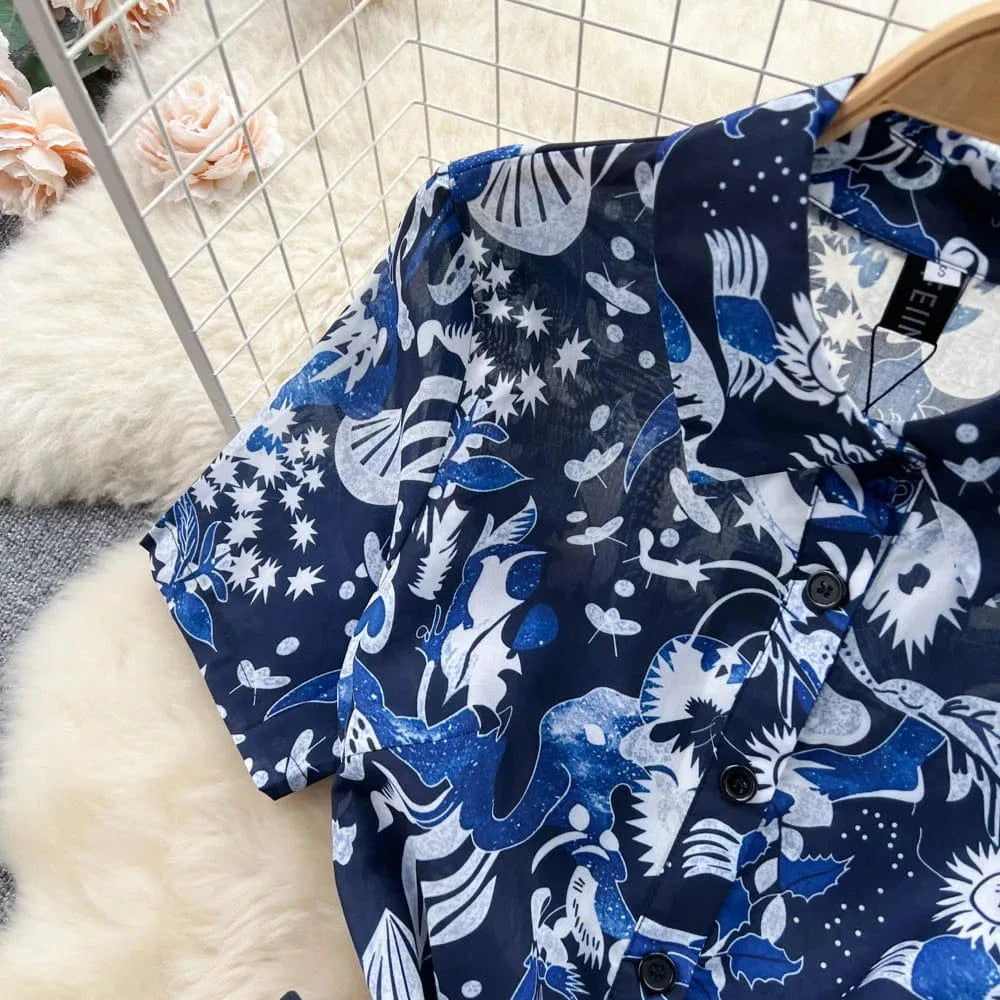 2024 Summer Dress Short Sleeve Belt Waist Vintage Print Women Dress