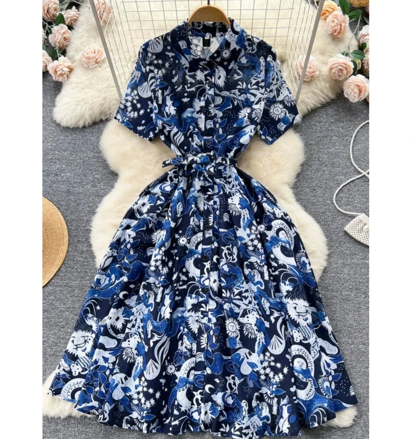 2024 Summer Dress Short Sleeve Belt Waist Vintage Print Women Dress