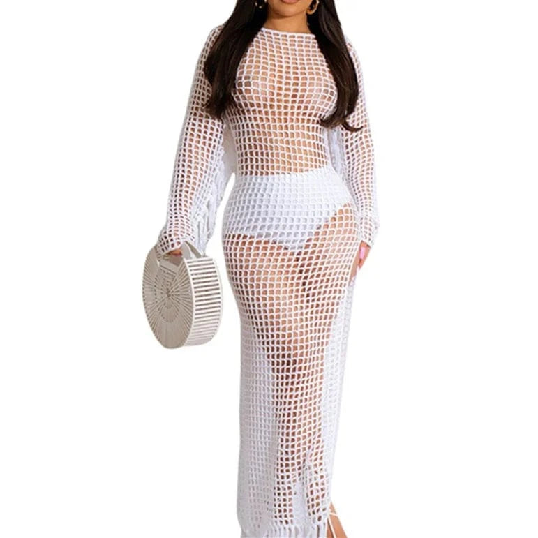 2024 Summer Fashion New Knitted Tassel Beach Skirt Hollow Perspective Sexy Dress For Women