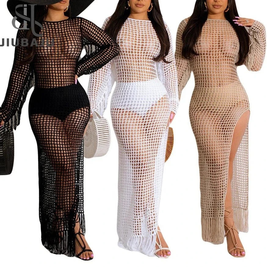 2024 Summer Fashion New Knitted Tassel Beach Skirt Hollow Perspective Sexy Dress For Women