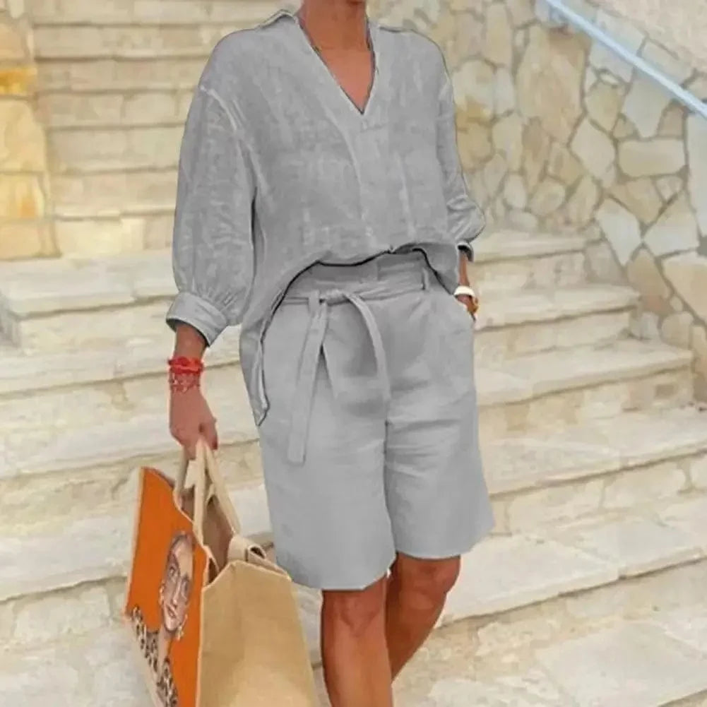 2024 Summer Fashion New Matching Collection Loose and Elegant V-neck Short Sleeve Cotton Linen Top Wide Leg Shorts Two Piece Set