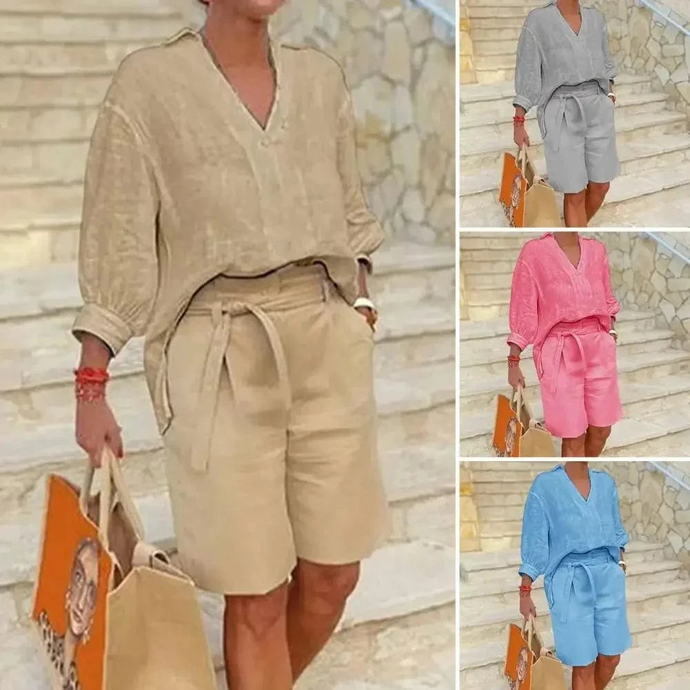 2024 Summer Fashion New Matching Collection Loose and Elegant V-neck Short Sleeve Cotton Linen Top Wide Leg Shorts Two Piece Set