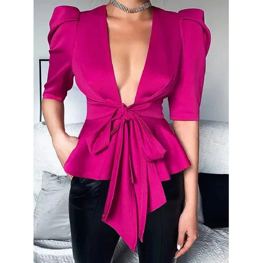 2024 Summer Fashion Office Satin V Neck Shirts Short Sleeve Elegant Casual Blouse For Women