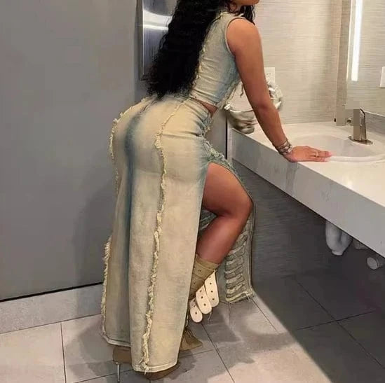 2024 Summer Fashion Ripped Denim 2 Piece Skirt Set Women's Denim Suit Crop Tank Top And Split Skirt Set