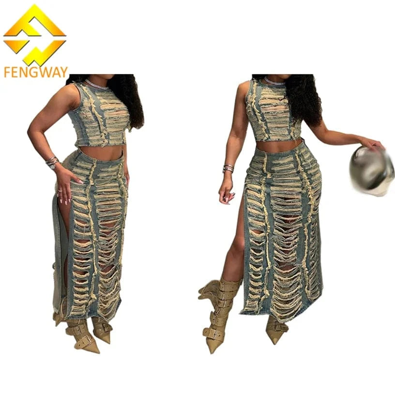2024 Summer Fashion Ripped Denim 2 Piece Skirt Set Women's Denim Suit Crop Tank Top And Split Skirt Set