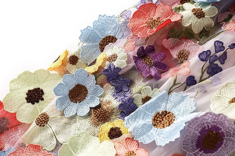 2024 Summer Fine Workmanship Embroidery Floral Lady A-line Pink Gauze High Waist Women Fashion Midi Skirt