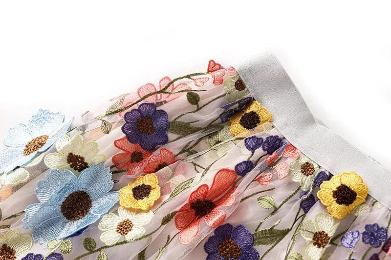 2024 Summer Fine Workmanship Embroidery Floral Lady A-line Pink Gauze High Waist Women Fashion Midi Skirt