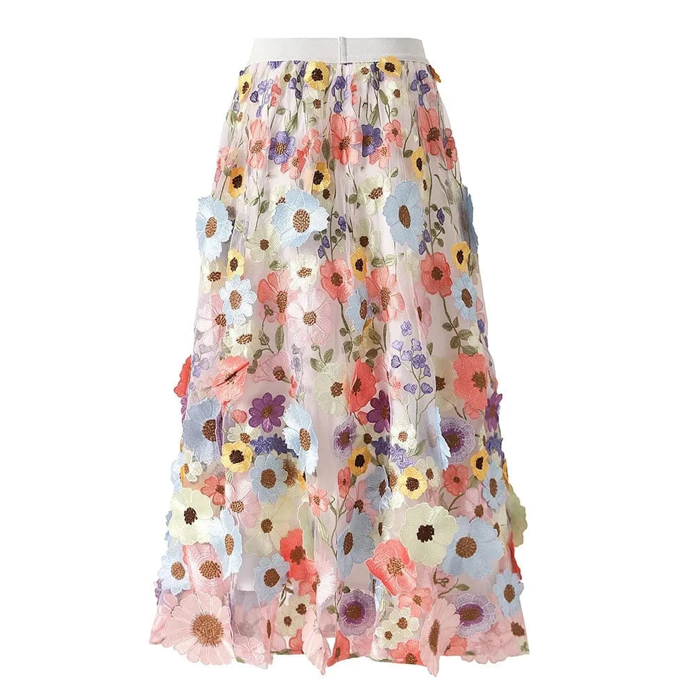 2024 Summer Fine Workmanship Embroidery Floral Lady A-line Pink Gauze High Waist Women Fashion Midi Skirt