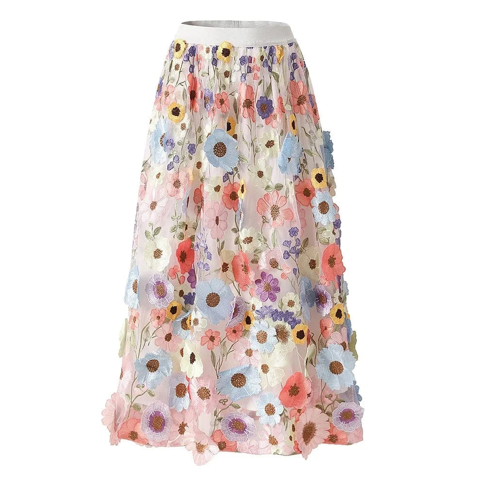 2024 Summer Fine Workmanship Embroidery Floral Lady A-line Pink Gauze High Waist Women Fashion Midi Skirt