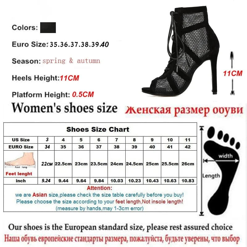 2024 Summer Lace Up Pumps Cross-Tied High Heels Sandal Ankle Fashion Mesh Patchwork Dance Shoes Black Sexy Boots Women Shoes
