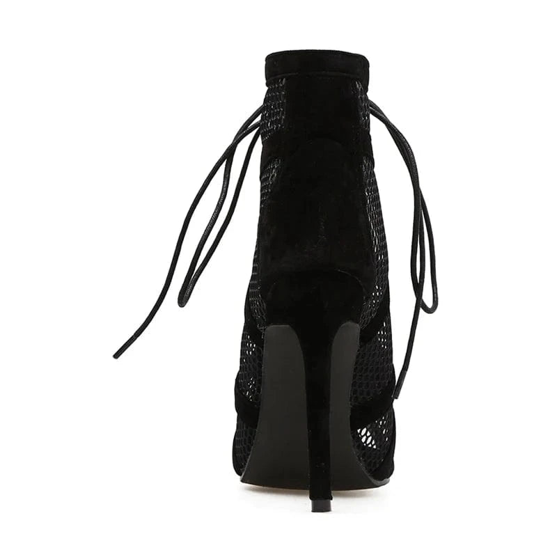 2024 Summer Lace Up Pumps Cross-Tied High Heels Sandal Ankle Fashion Mesh Patchwork Dance Shoes Black Sexy Boots Women Shoes