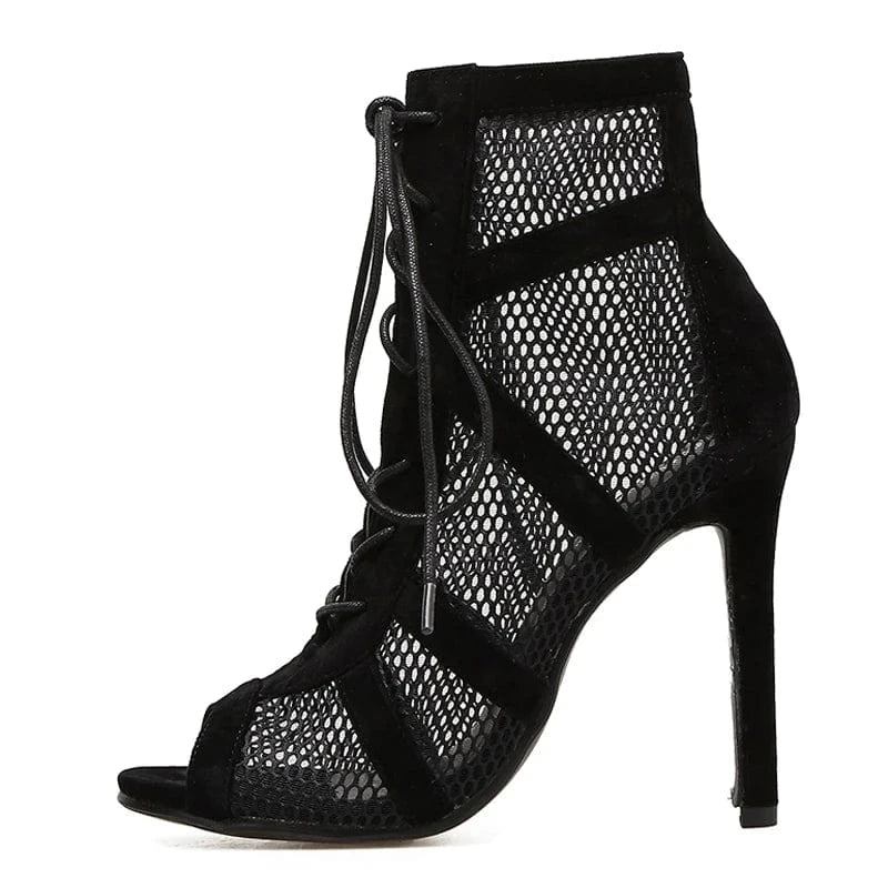 2024 Summer Lace Up Pumps Cross-Tied High Heels Sandal Ankle Fashion Mesh Patchwork Dance Shoes Black Sexy Boots Women Shoes