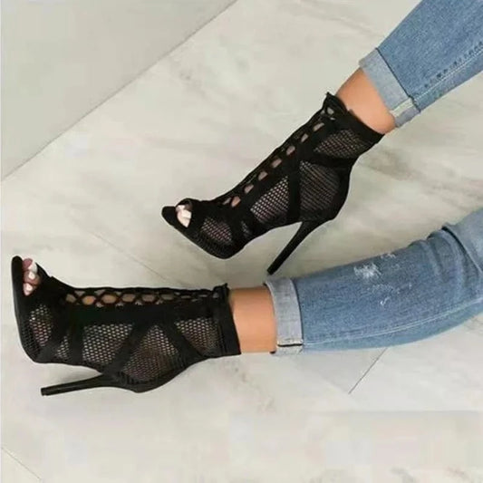 2024 Summer Lace Up Pumps Cross-Tied High Heels Sandal Ankle Fashion Mesh Patchwork Dance Shoes Black Sexy Boots Women Shoes