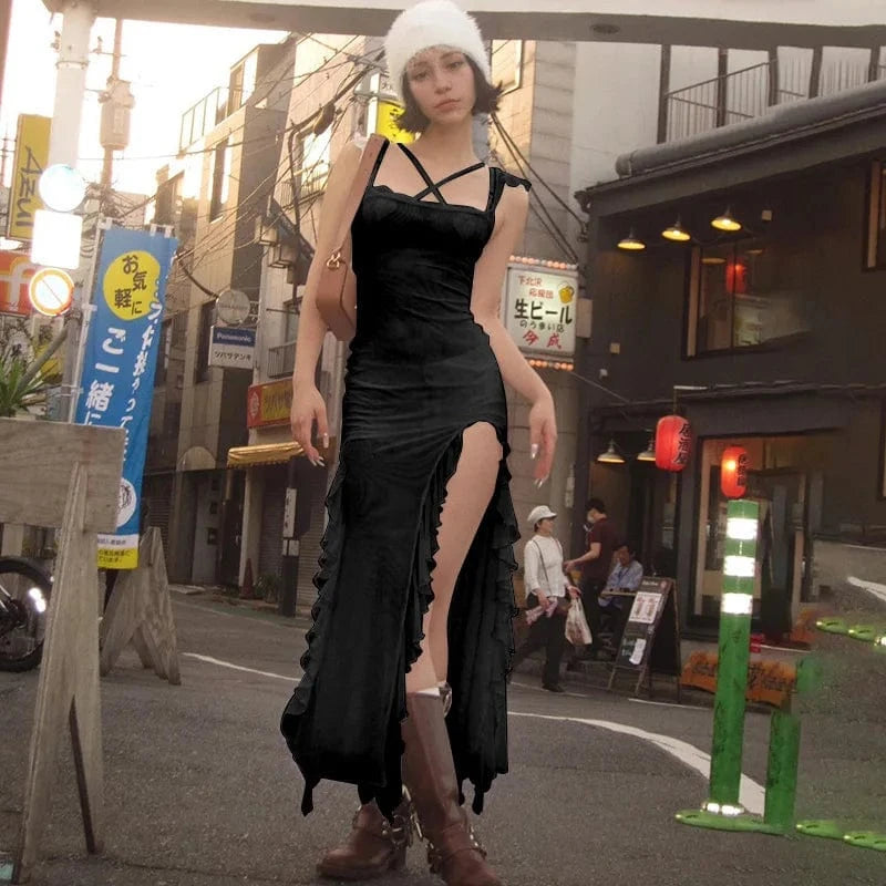 2024 Summer Long Dress Women Backless Sexy High Quality Street Aesthetic Chic Transparent Sling casual Dresses