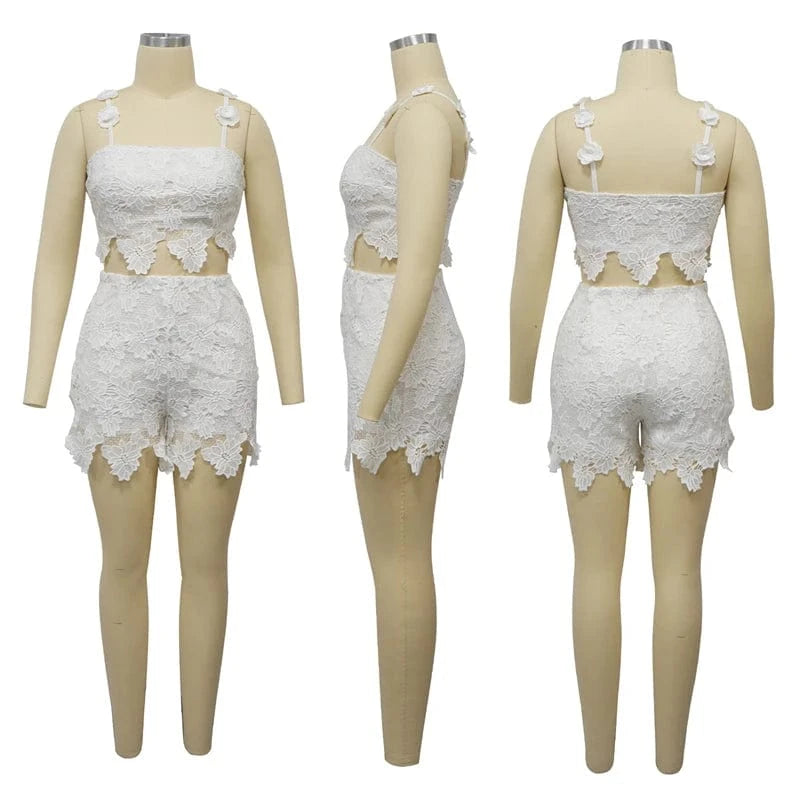 2024 summer new arrivals women white night club clothes clothing sexy lace compression shorts 2 two piece tank top set for women