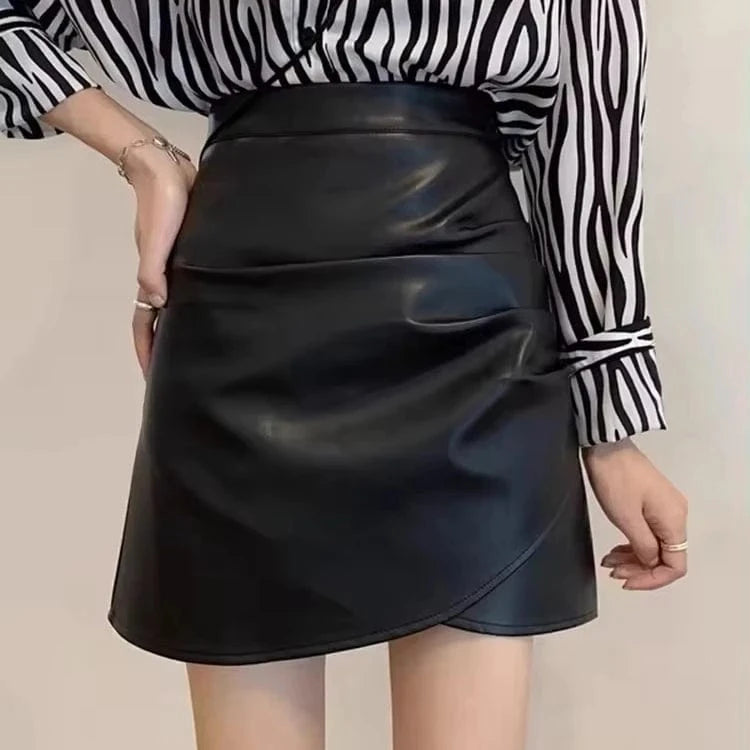 2024 Summer New Black PU Leather Skirt Women High Waist Pleated Anti-skid Half Skirts Pencil Hip Black Korean A-line Short Skirt
