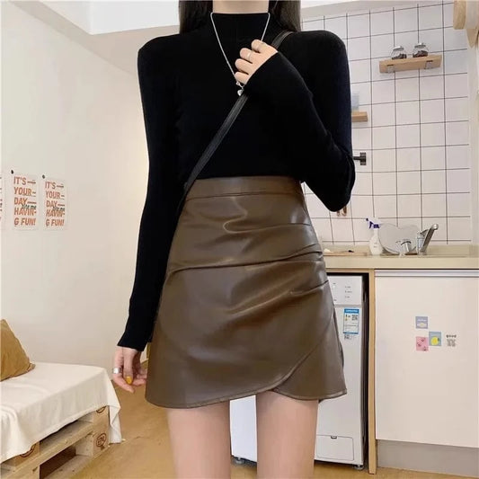 2024 Summer New Black PU Leather Skirt Women High Waist Pleated Anti-skid Half Skirts Pencil Hip Black Korean A-line Short Skirt