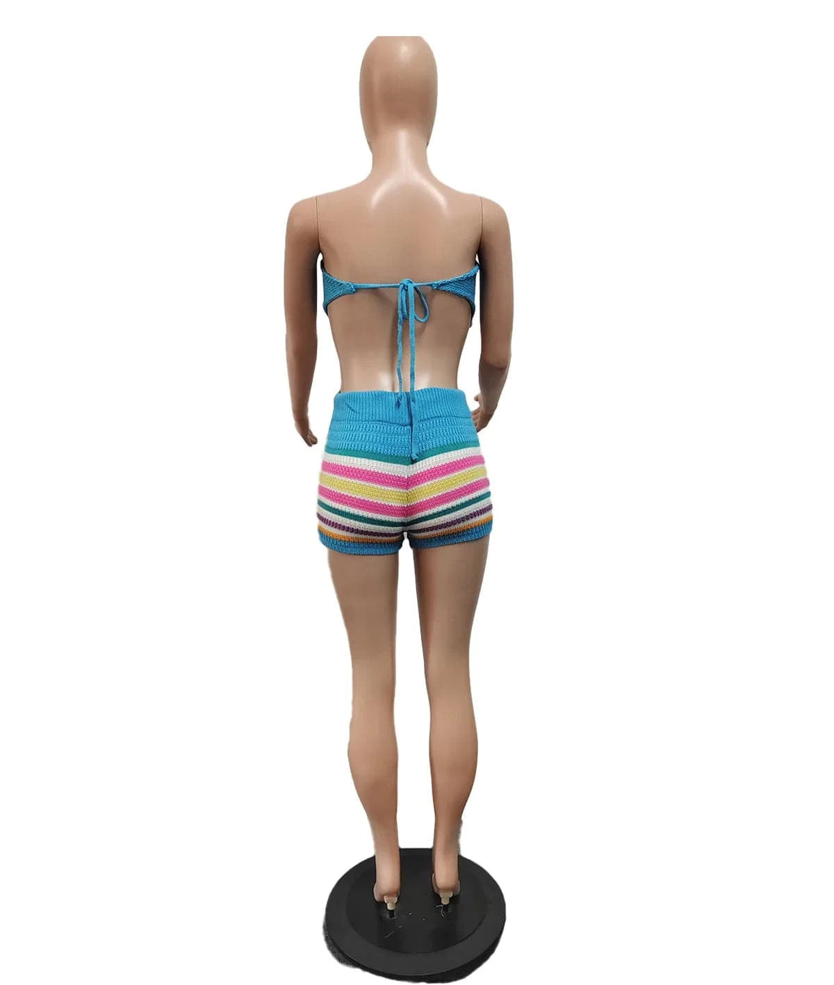 2024 Summer New Crochet Rainbow Striped Clothing Womens Knitted 2 Piece Short Sets Sexy Strapless Top and Shorts Two Piece Set