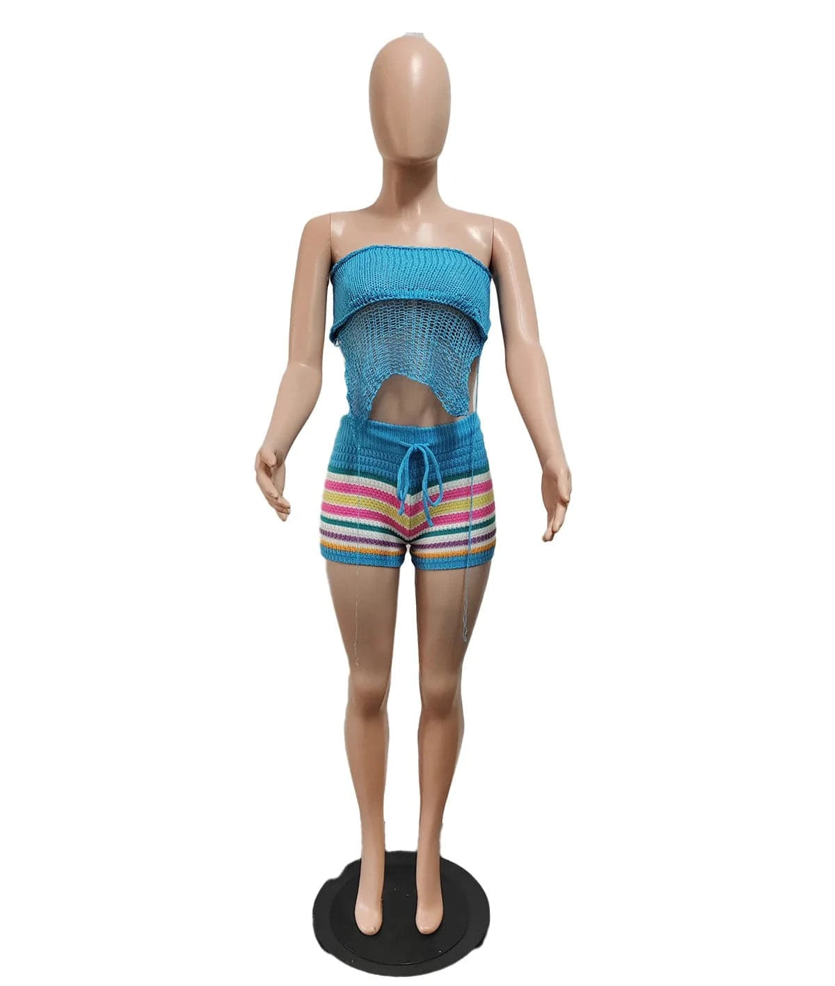 2024 Summer New Crochet Rainbow Striped Clothing Womens Knitted 2 Piece Short Sets Sexy Strapless Top and Shorts Two Piece Set