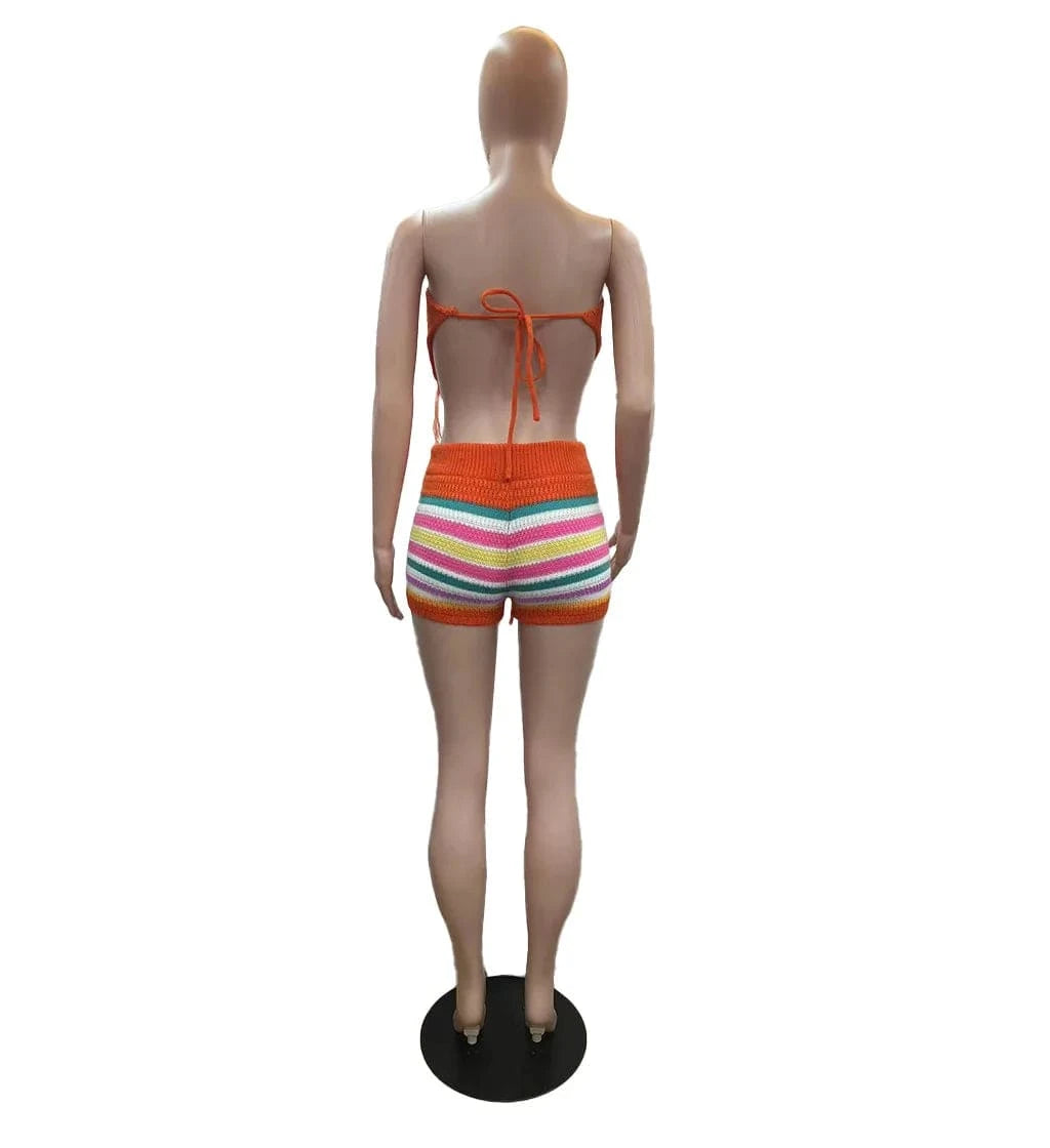 2024 Summer New Crochet Rainbow Striped Clothing Womens Knitted 2 Piece Short Sets Sexy Strapless Top and Shorts Two Piece Set