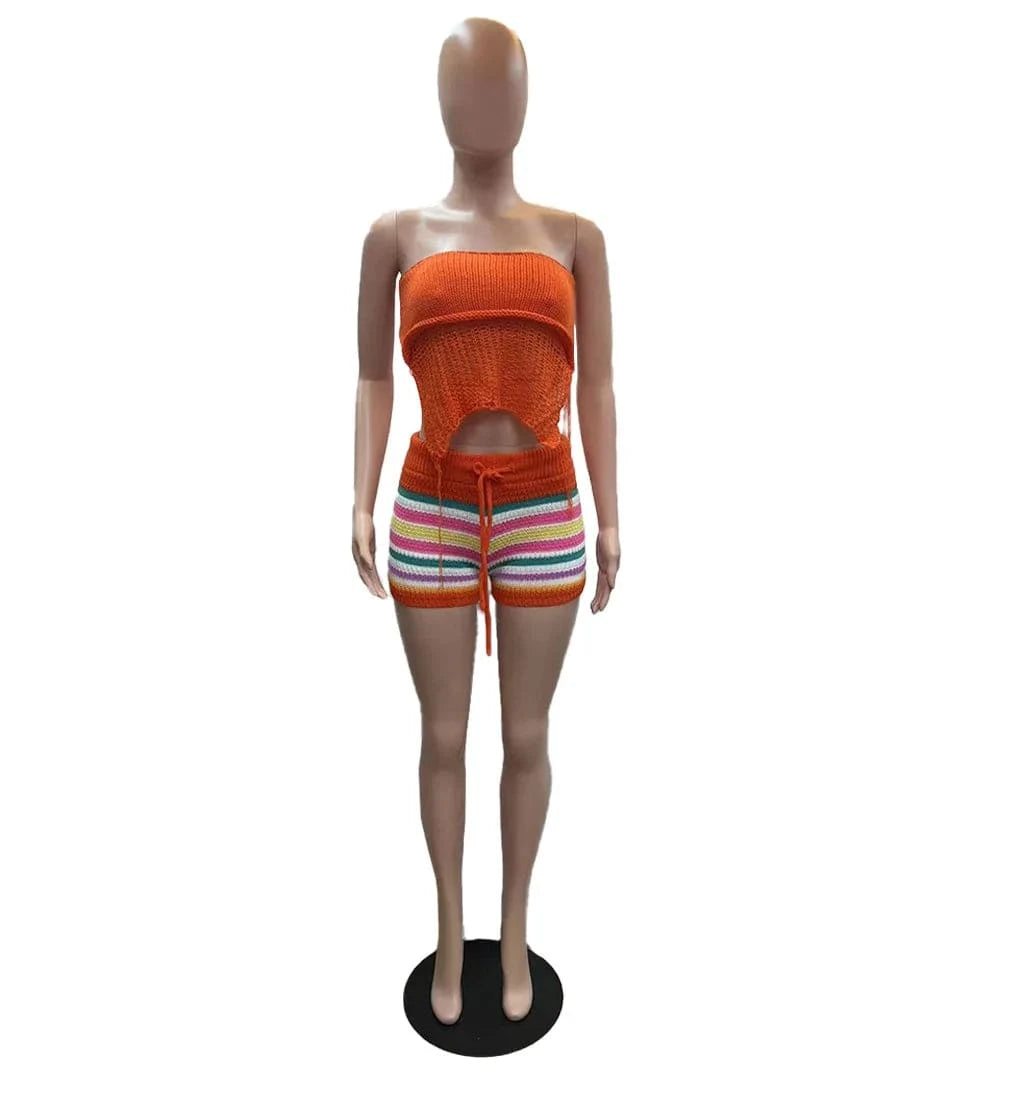 2024 Summer New Crochet Rainbow Striped Clothing Womens Knitted 2 Piece Short Sets Sexy Strapless Top and Shorts Two Piece Set