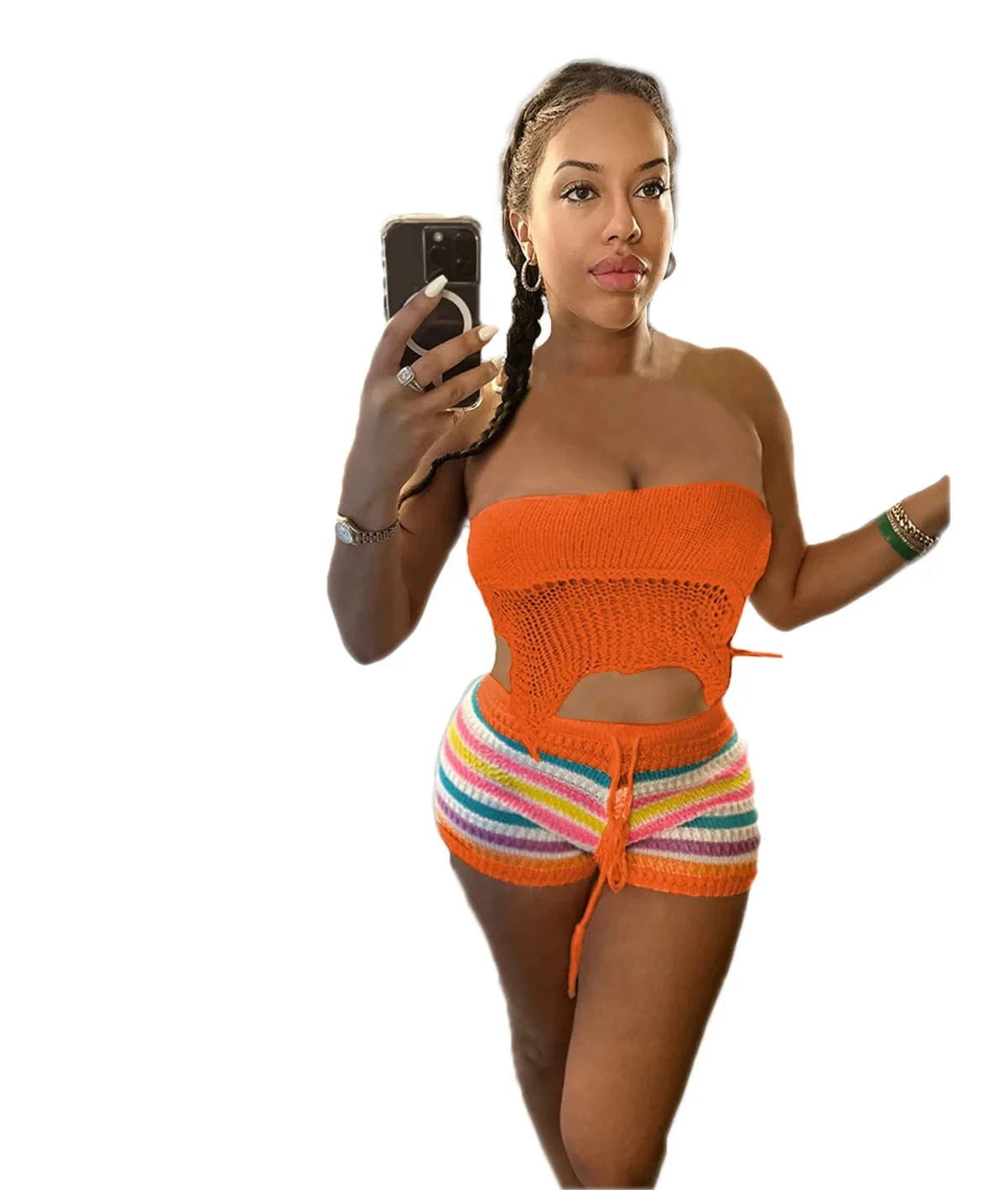 2024 Summer New Crochet Rainbow Striped Clothing Womens Knitted 2 Piece Short Sets Sexy Strapless Top and Shorts Two Piece Set