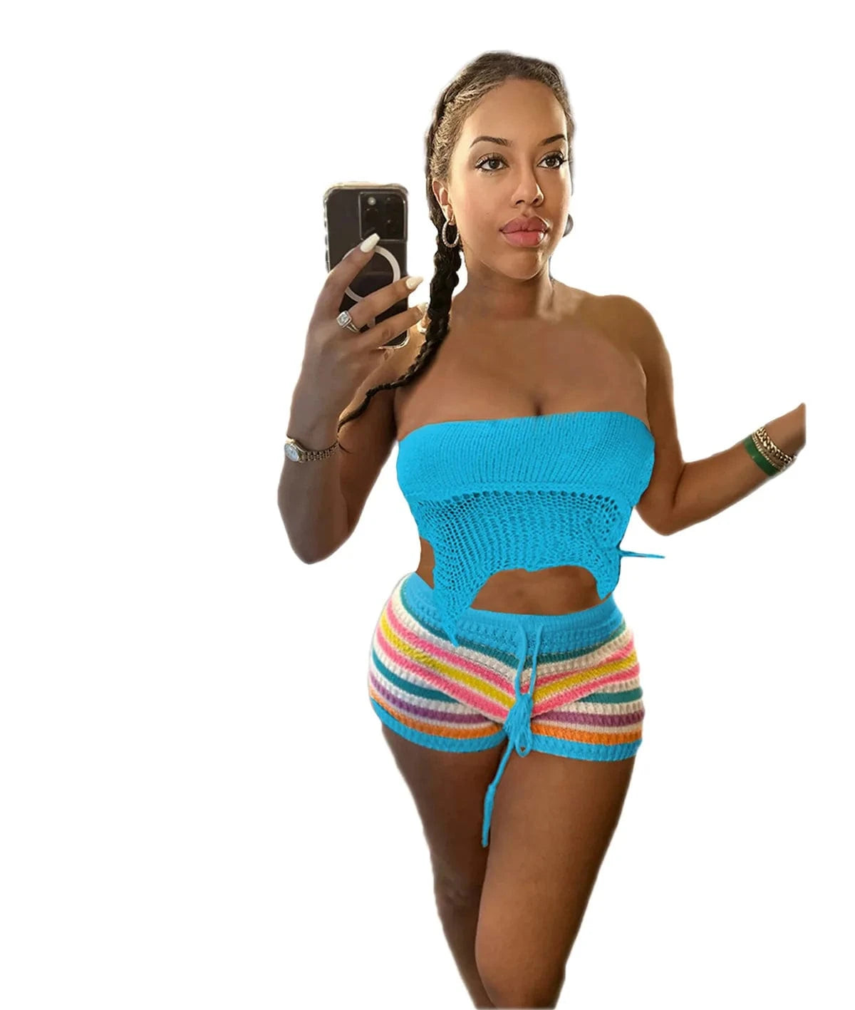 2024 Summer New Crochet Rainbow Striped Clothing Womens Knitted 2 Piece Short Sets Sexy Strapless Top and Shorts Two Piece Set