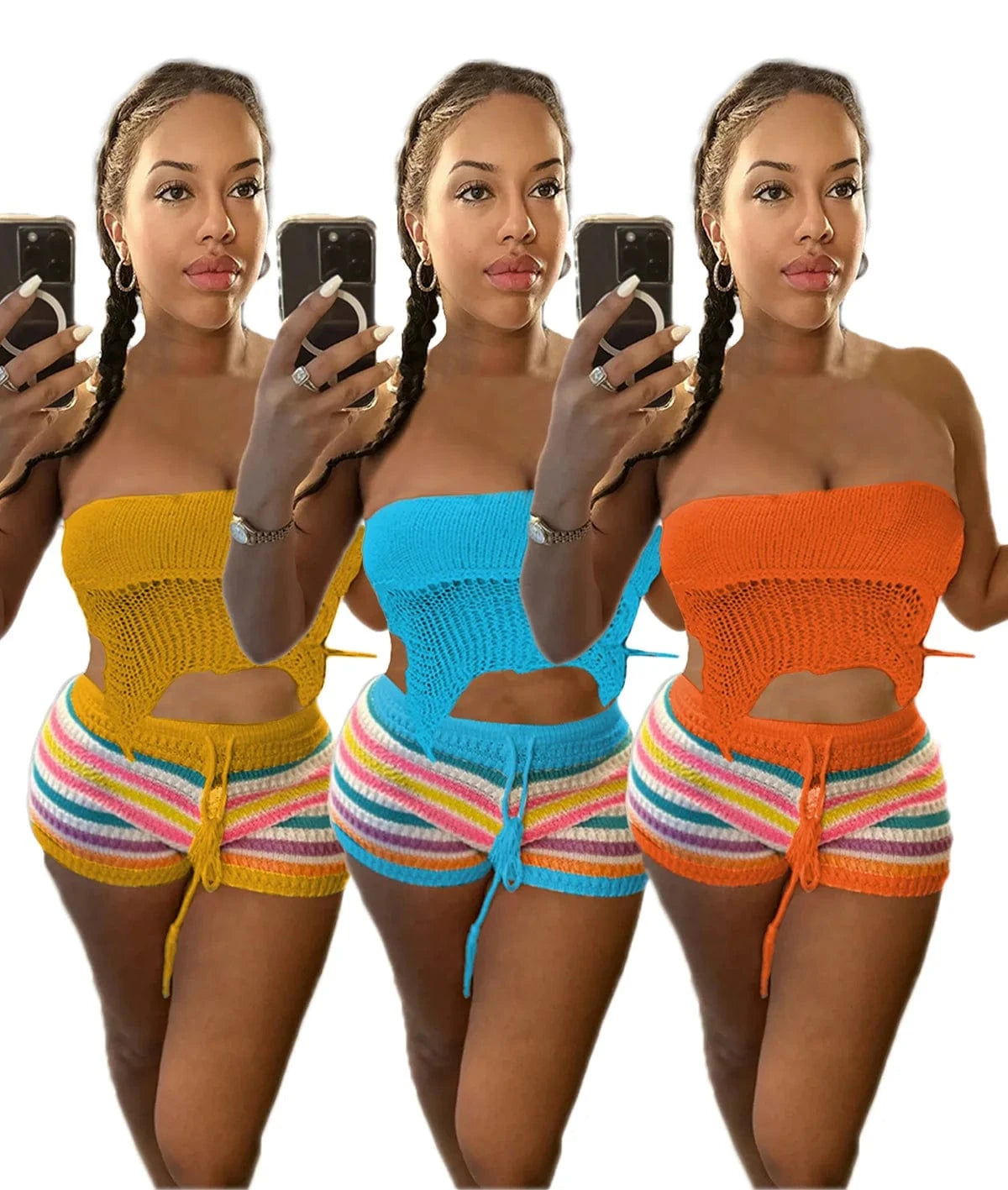 2024 Summer New Crochet Rainbow Striped Clothing Womens Knitted 2 Piece Short Sets Sexy Strapless Top and Shorts Two Piece Set