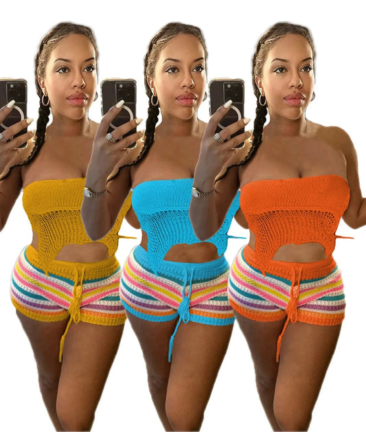 2024 Summer New Crochet Rainbow Striped Clothing Womens Knitted 2 Piece Short Sets Sexy Strapless Top and Shorts Two Piece Set