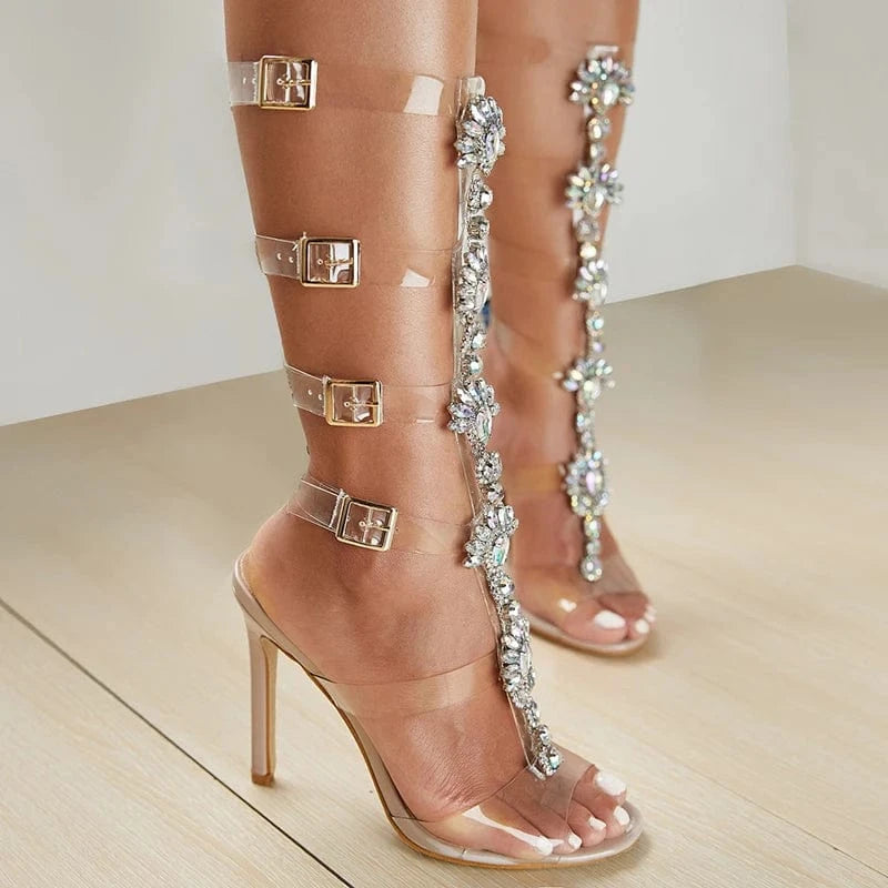2024 summer new European and American thin belt sexy open toe diamond high heels thin heel transparent button sandals