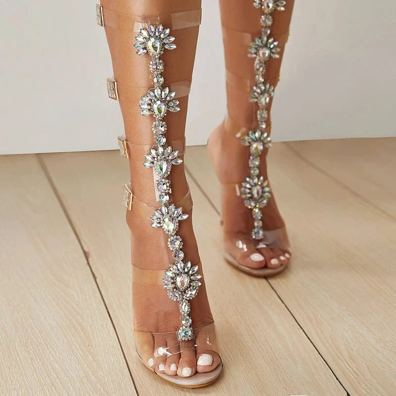 2024 summer new European and American thin belt sexy open toe diamond high heels thin heel transparent button sandals