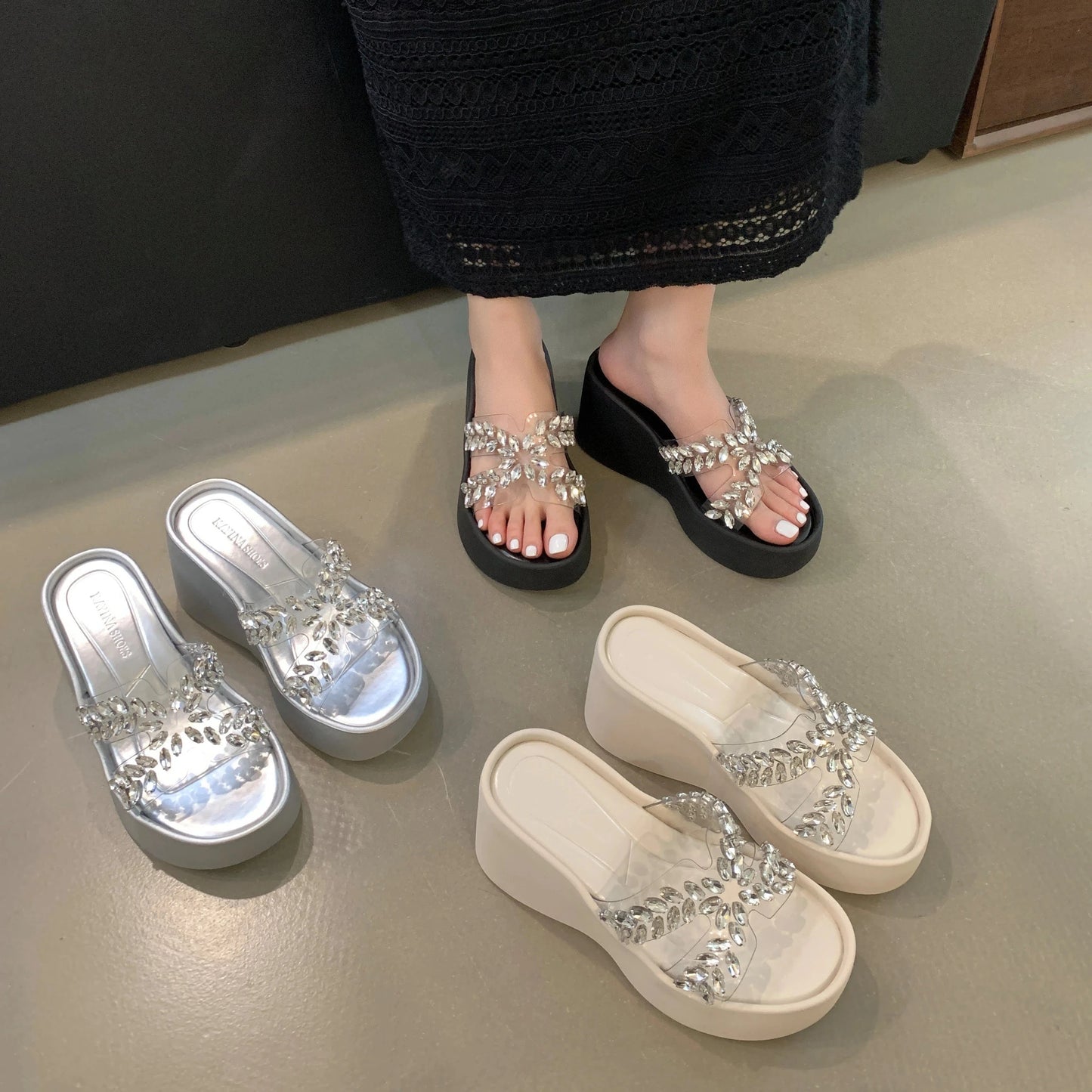 2024 Summer new fashion all-match outdoor wedge thick bottom rhinestone sandals pu women's shoes